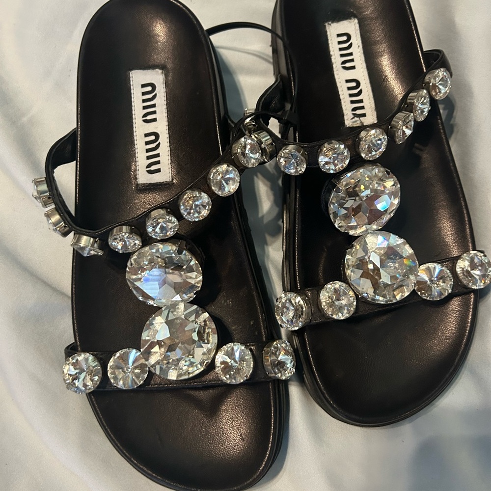 Miu Miu Black Crystal Slide Sandals